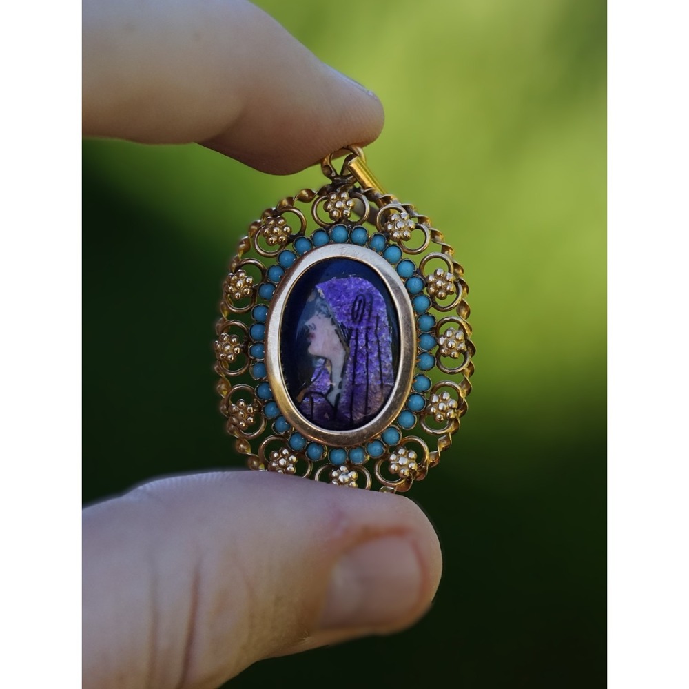 Antique‎ 20k Solid Yellow Gold Filigree Enamel Cameo Turqiouse Pendant Portugal - Picture 5 of 11